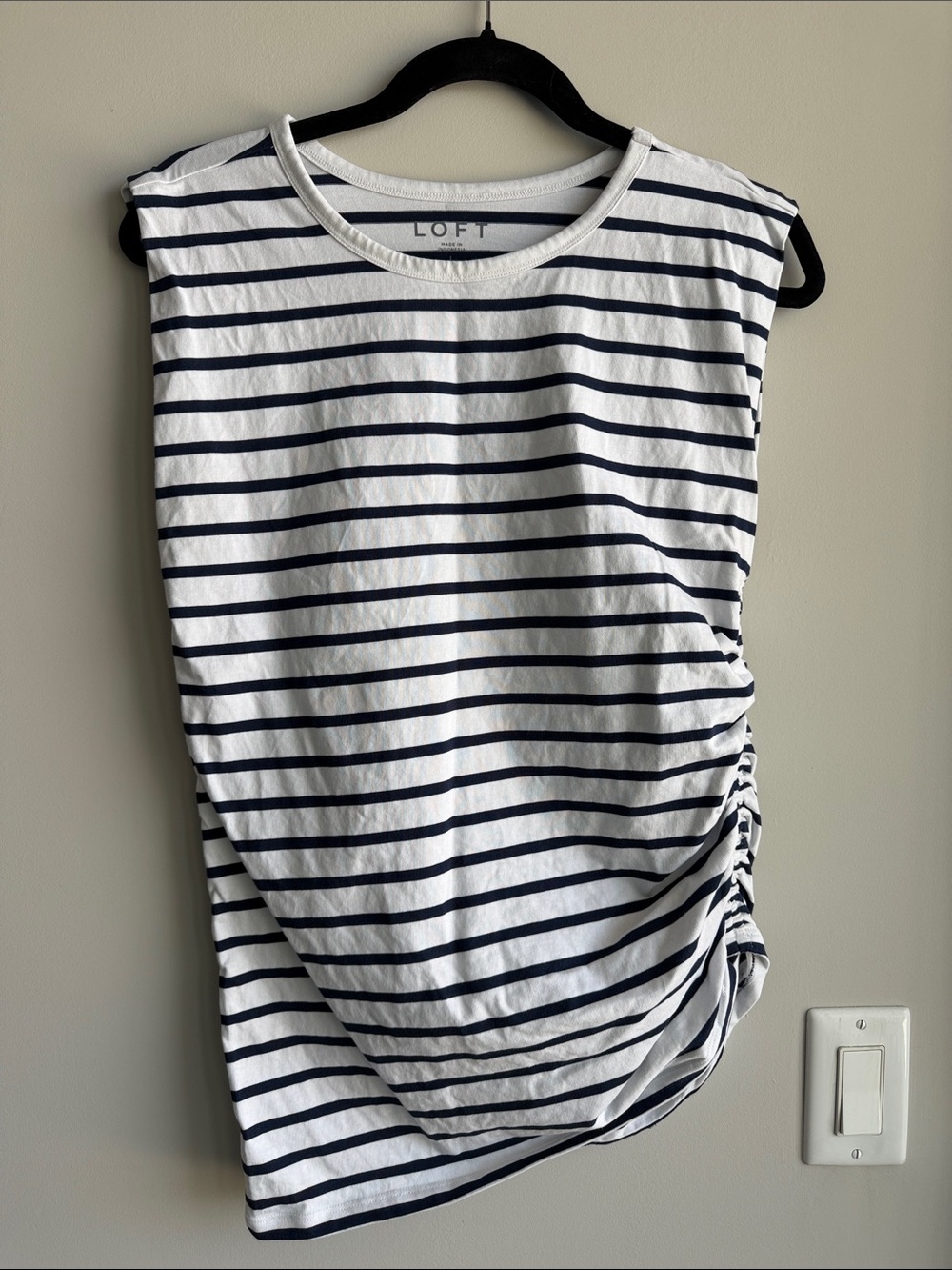 LOFT White & Navy Striped Ruched Side Tank